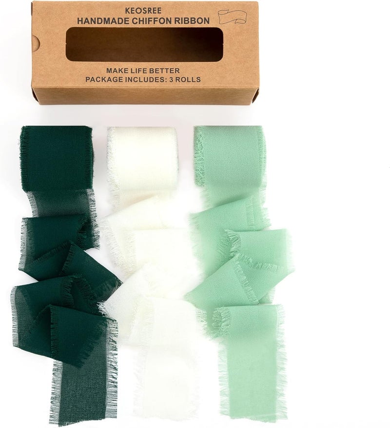 KEOSREE 3 Rolls Cream White & Sage Green Handmade Chiffon Ribbon,1.5" x 21Yd Frayed Fringe Silk Ribbons (3 Rolls *7Yd) for Gifts Wrapping, Wedding Invitations, Bridal Bouquets, Decorations - Image 1